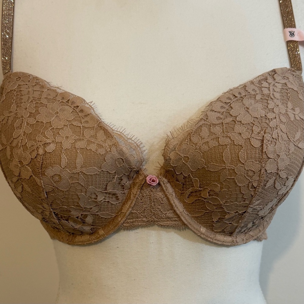 Victoria's Secret Lace Push-Up Bra in Taupe with Pink Accent